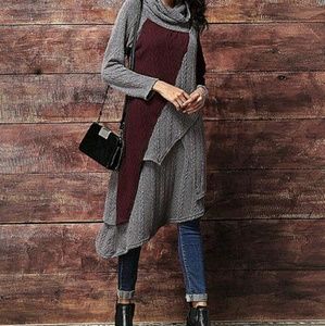 Gray & Burgundy Cable-Knit Cowl Neck Sweater